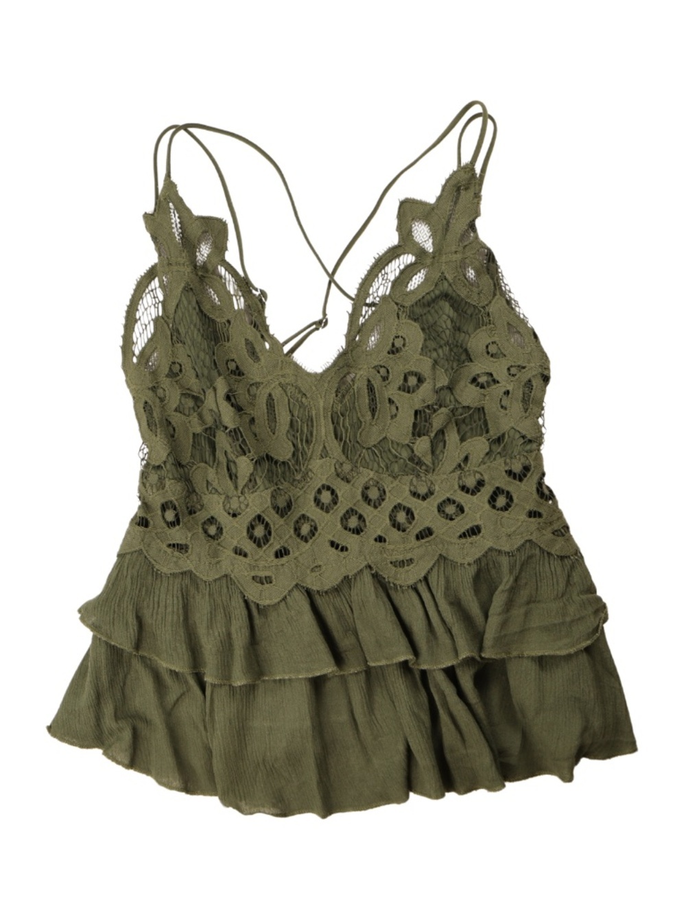 Mi Ami XS Olive Green Lace Crochet Babydoll Tank Boho Ruffle Cami Top